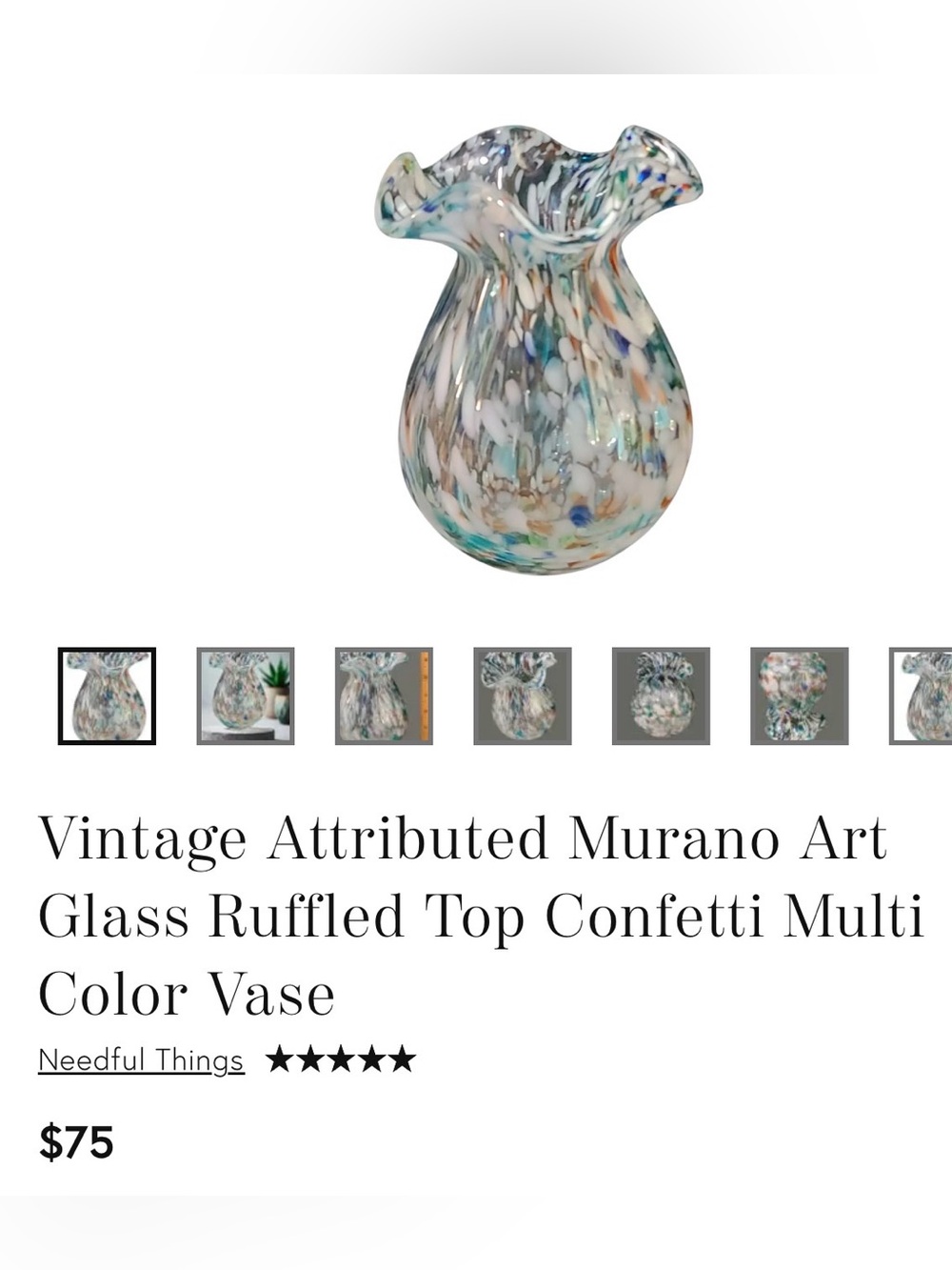 Murano Italy Confetti Ruffled Art Glass Hand Blown Mid Century Vase NWOT - Picture 3 of 7